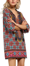 
                        
                          Load image into Gallery viewer, Women Bohemian Neck Tie Vintage Printed Ethnic Style Summer Shift Dress
                        
                      