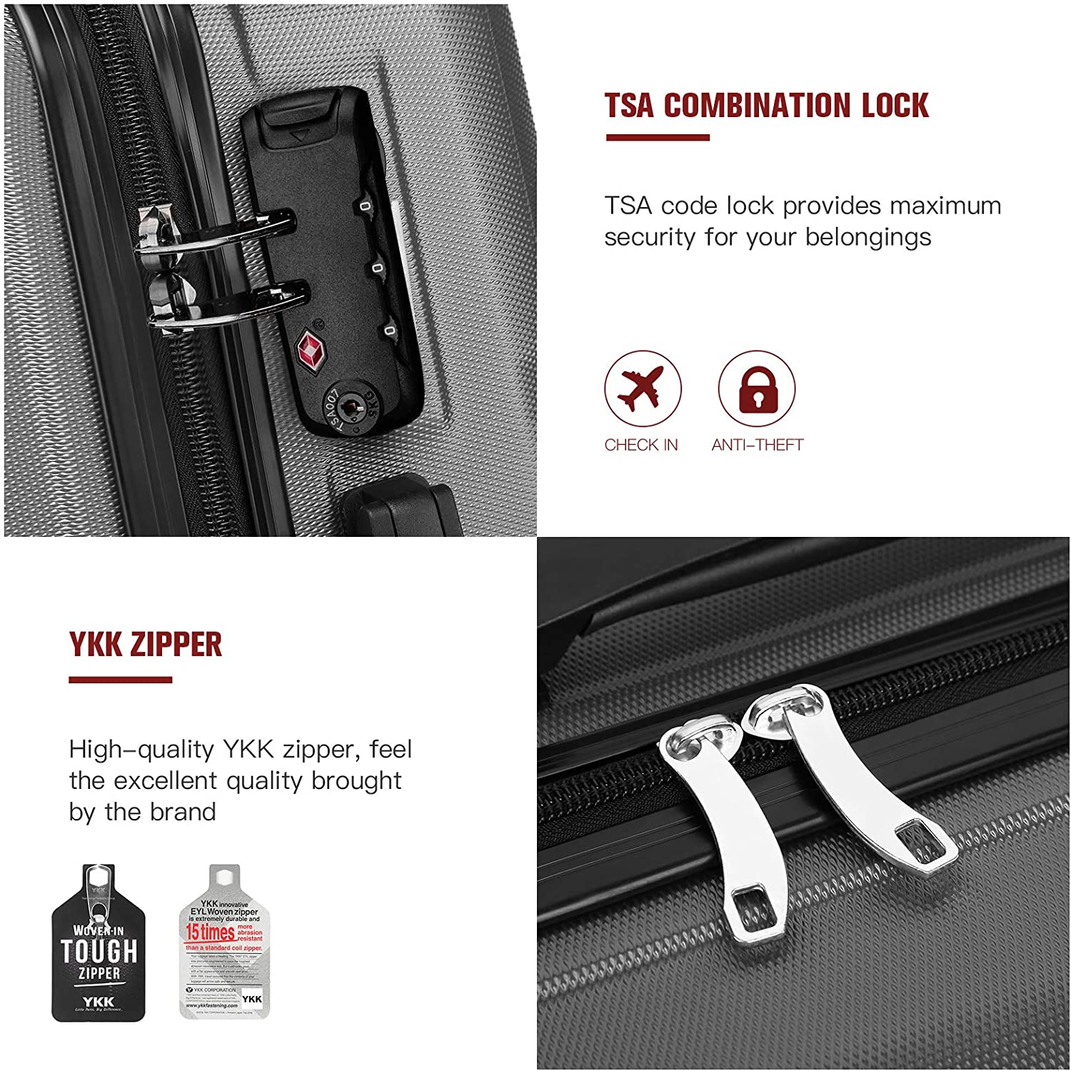 Kono 3 Pieces Luggage Set Hard Shell with Spinner Wheels Lightweight Rolling Suitcases Set with YKK Dual Zipper TSA Lock for Travel (Grey)