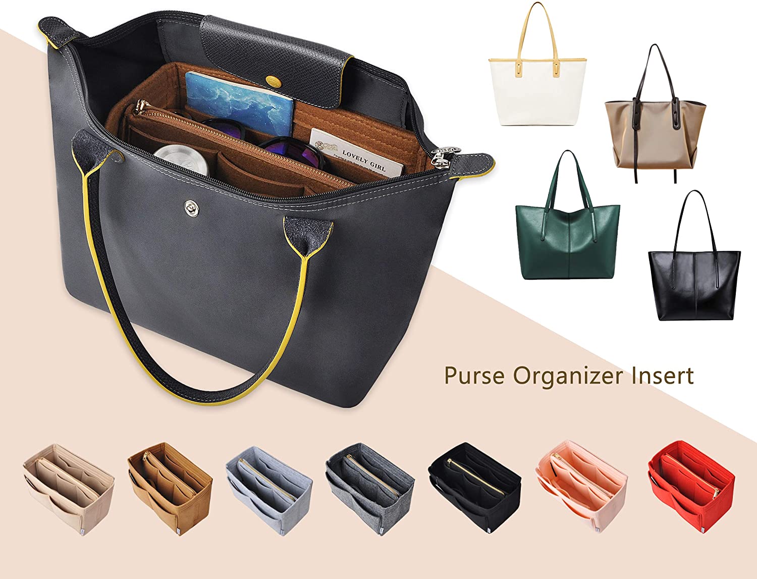 Vercord Felt Organizer Insert for Purse Handbag Tote Bag in Bag Inside Shaper Divider Neo Beige Small