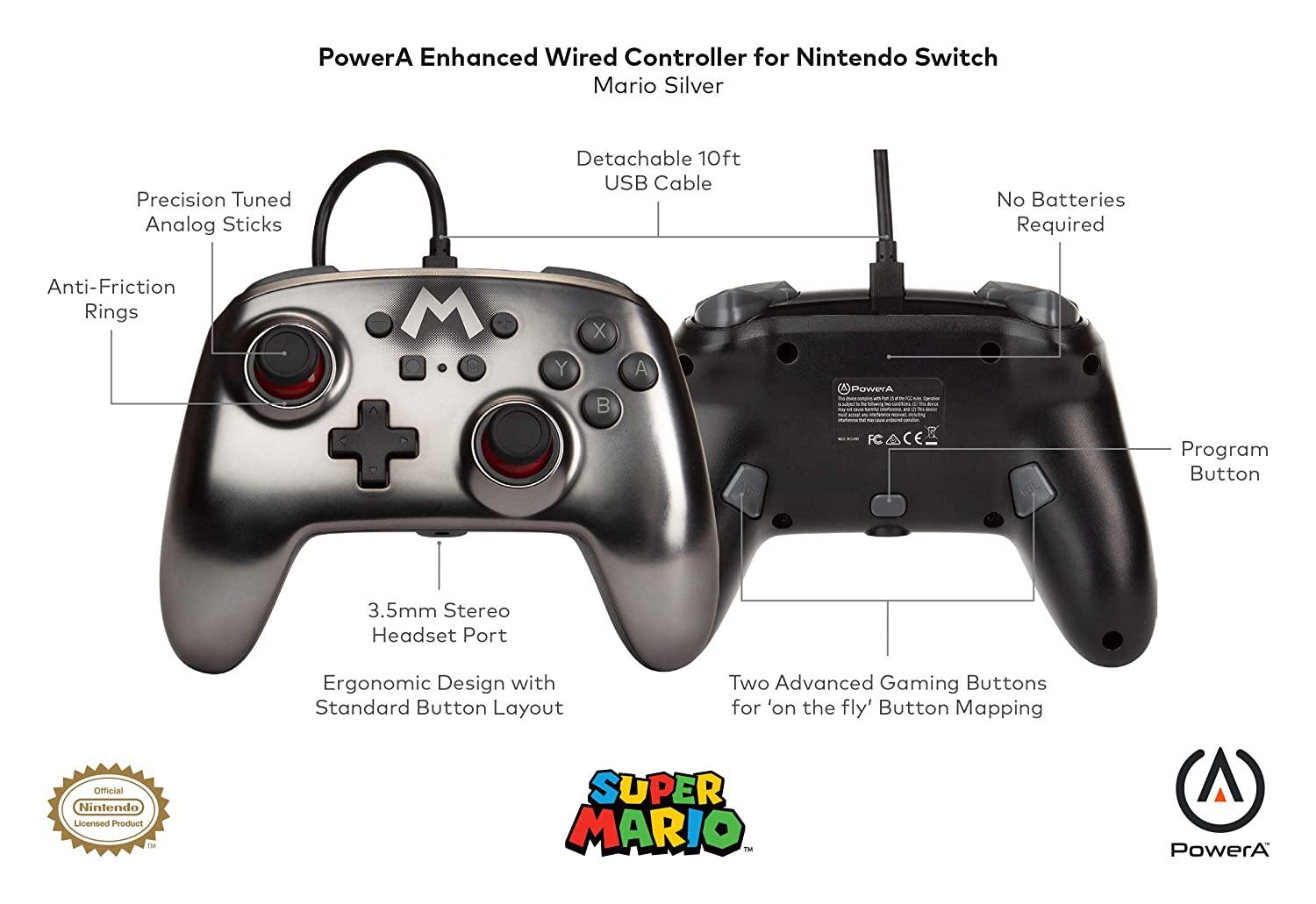 PowerA Enhanced Wired Controller for Nintendo Switch - Mario White, Gamepad, Wired Video Game Controller, Gaming Controller - Nintendo Switch - JOY2ESpree