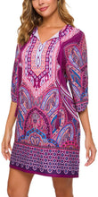 
                        
                          Load image into Gallery viewer, Women Bohemian Neck Tie Vintage Printed Ethnic Style Summer Shift Dress
                        
                      