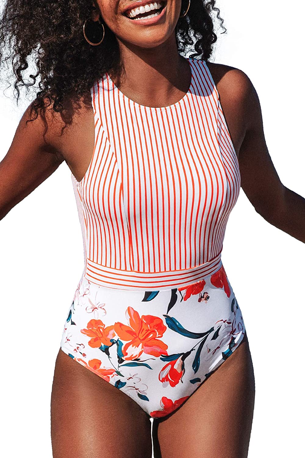 CUPSHE Women's Striped Leafy One Piece Swimsuit