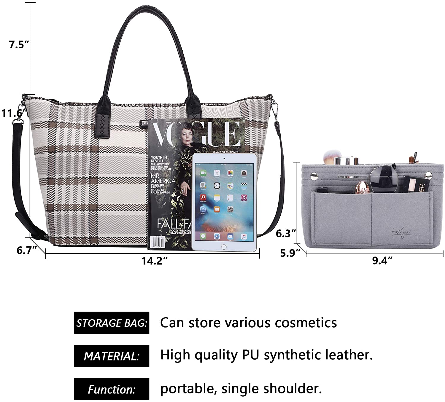 K.EYRE Women's Soft Faux Leather Tote Bag Purse Handbags Wallet Tote Shoulder Bag Purse Large Capacity