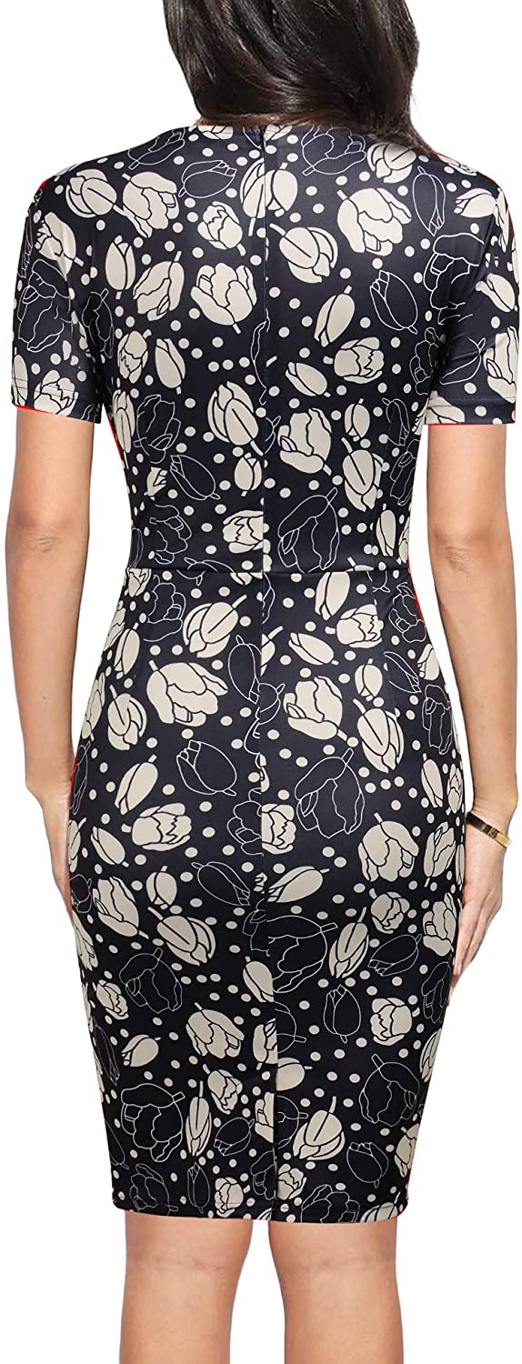 FORTRIC Women Printing Church Business Office Work Elegant Bodycon Pencil Dress