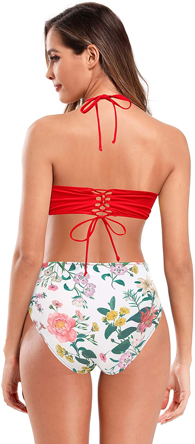 SHEKINI Women's Floral Printing Cutout Strappy Halter Swimsuits Bikini Suits