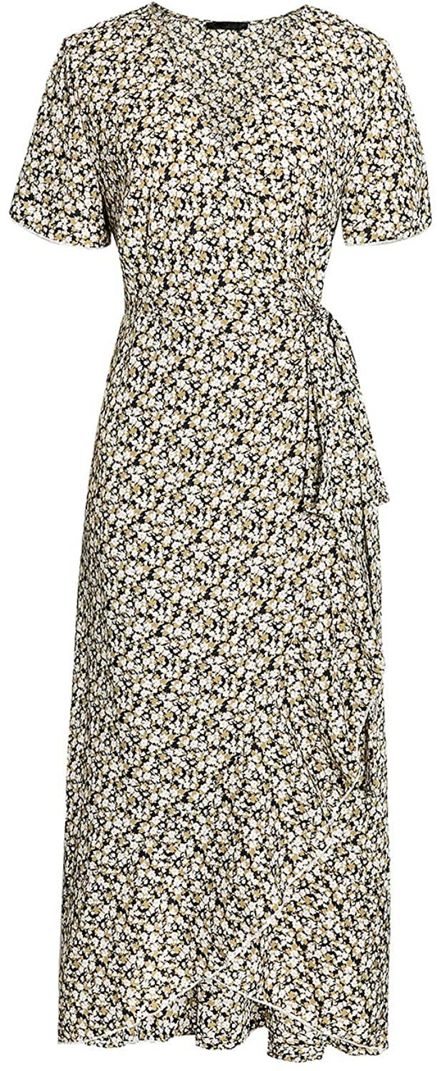 Miessial Women's Summer Chiffon V Neck Ruffle Maxi Dress Polka Dot Long Beach Wrap Dress