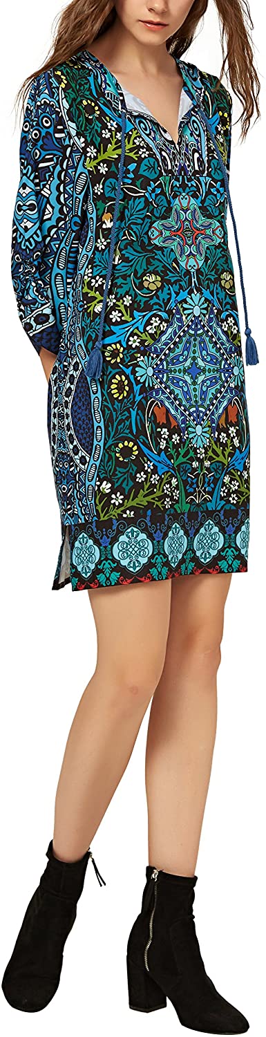 Women Bohemian Neck Tie Vintage Printed Ethnic Style Summer Shift Dress