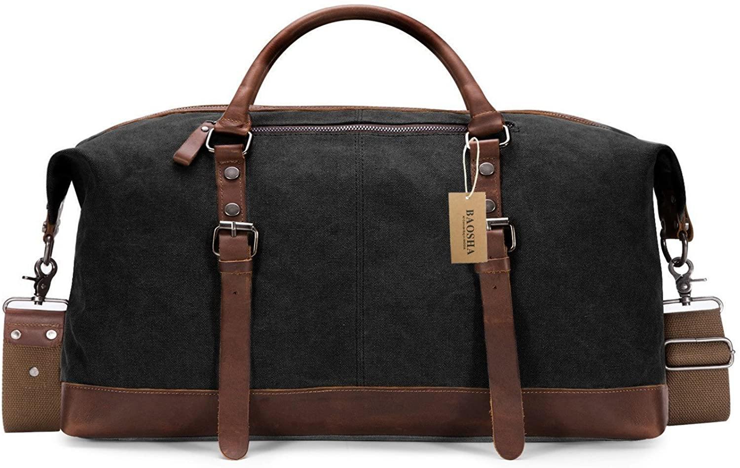 BAOSHA Canvas PU Leather Travel Tote Duffel Bag Carry on Bag Weekender Overnight Bag - JOY2ESpree