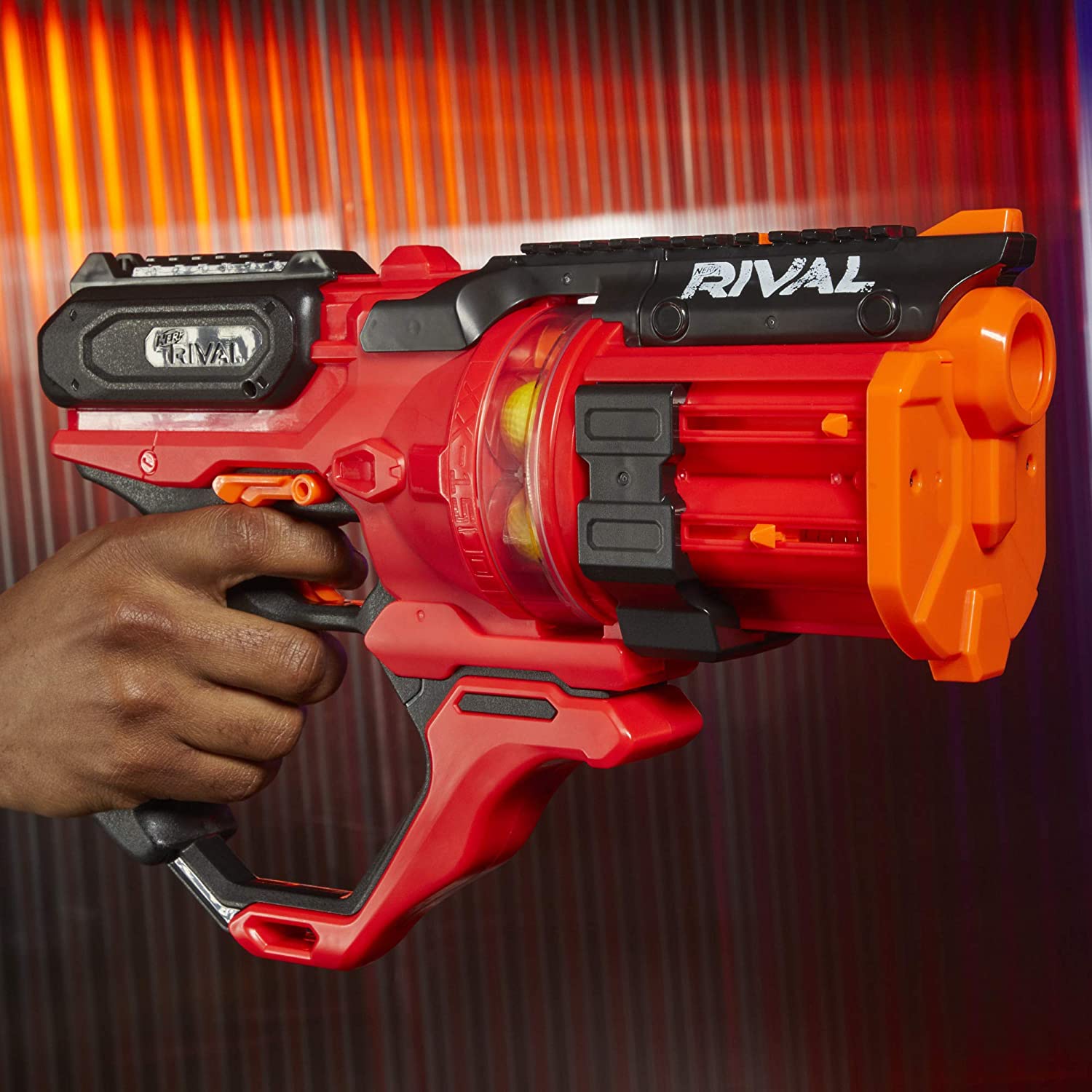 NERF Rival Roundhouse XX-1500 Red Blaster -- Clear Rotating Chamber Loads Rounds into Barrel -- 5 Integrated Magazines, 15 Rival Rounds