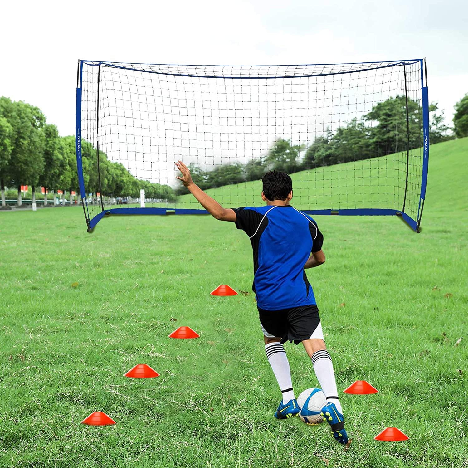 Pinty 12x6ft Soccer Goal, Knotless Kids' Soccer Net with 12pcs Soccer Cones Set in Multi Colors, Easy Setup Steel Poles and Portable Design - JOY2ESpree