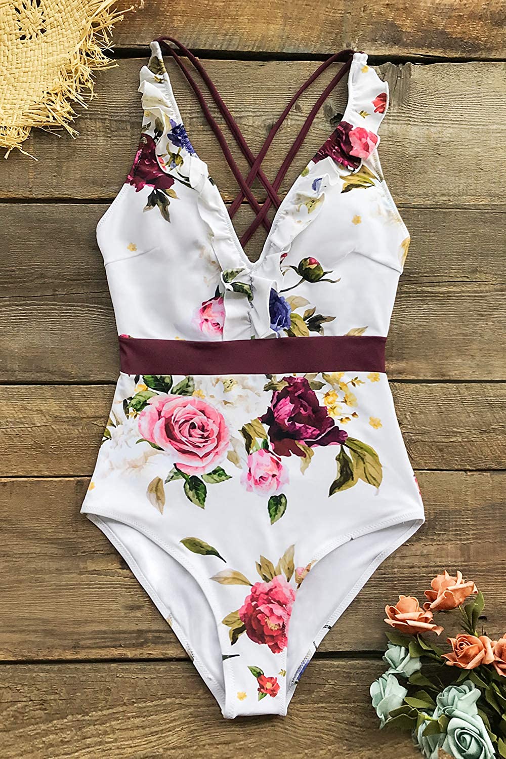 CUPSHE Women's V Neck One Piece Swimsuit Ruffled Back Cross Swimwear