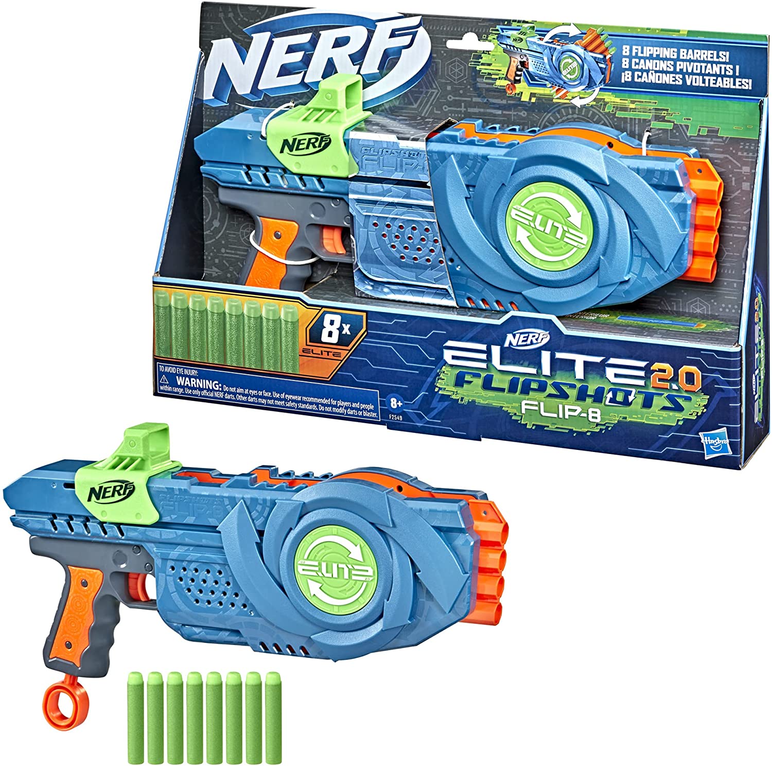 NERF Elite 2.0 Flipshots Flip-8 Blaster with 8 Dart Barrels That Flip to Double Your Firepower, 8-Dart Capacity, 8 Official Elite Darts