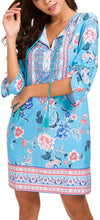 
                        
                          Load image into Gallery viewer, Women Bohemian Neck Tie Vintage Printed Ethnic Style Summer Shift Dress
                        
                      