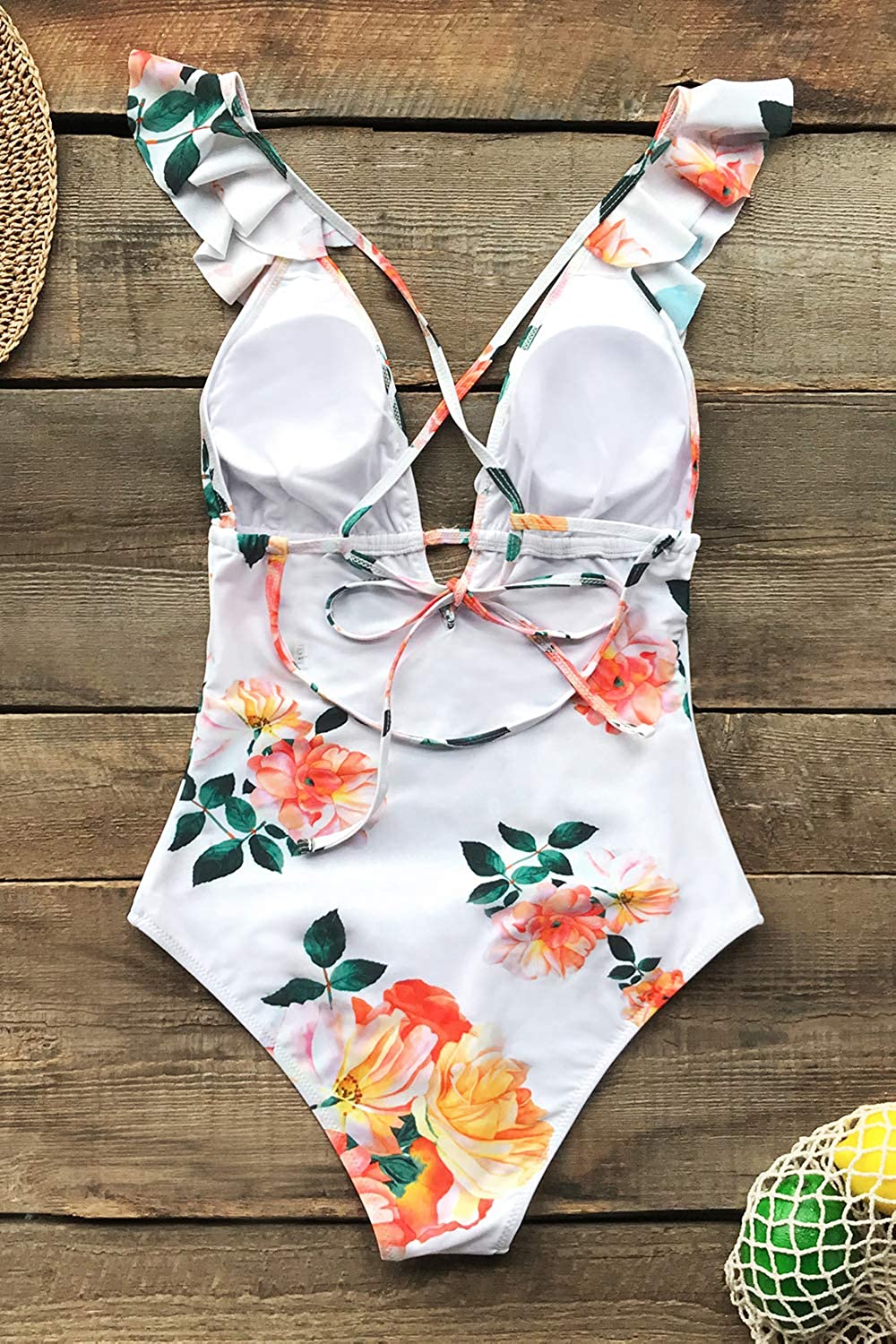 CUPSHE Women's One Piece Swimsuit Ruffle Deep V Neck Strappy Swimwear Bathing Suits