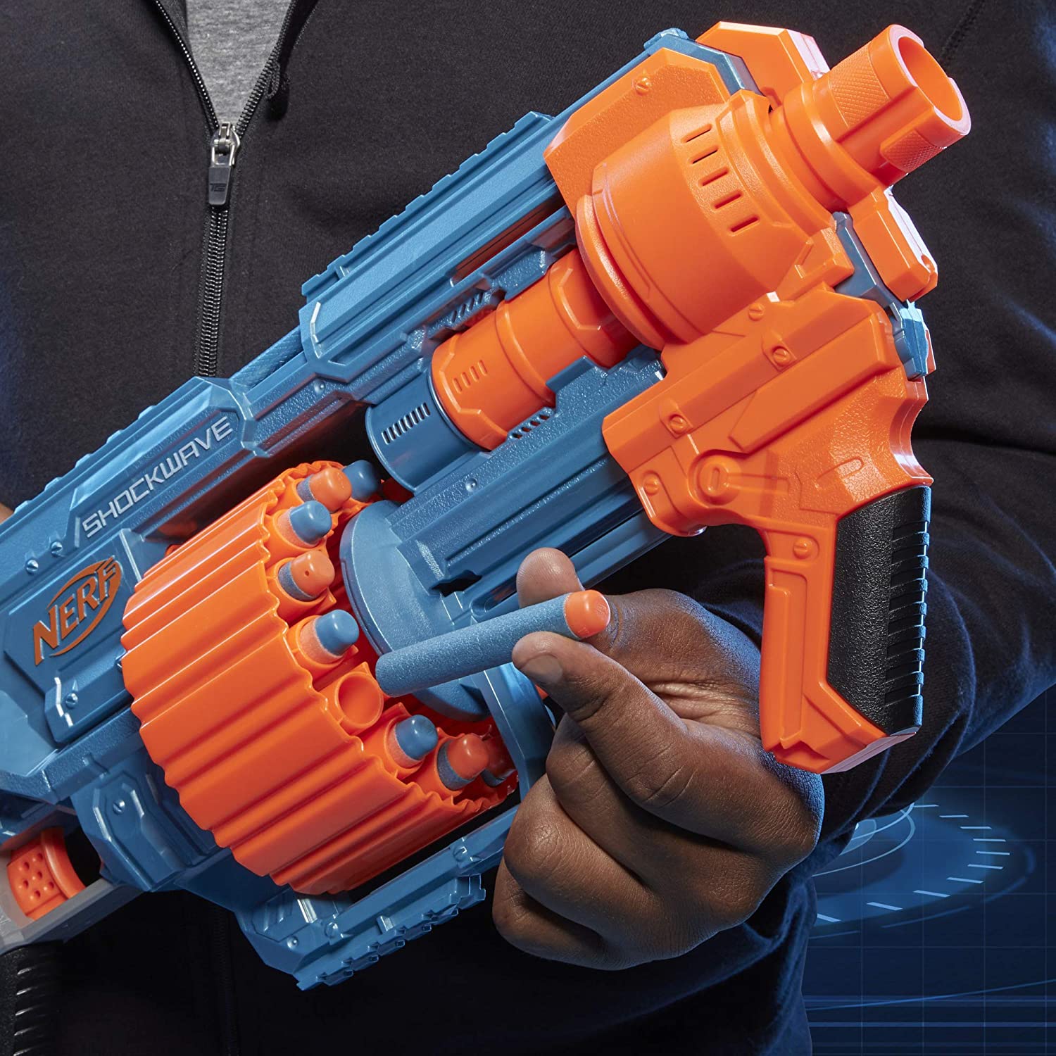 NERF Elite 2.0 Shockwave RD-15 Blaster, 30 Darts, 15-Dart Rotating Drum, Pump-Action Slam Fire, Built-in Customizing Capabilities