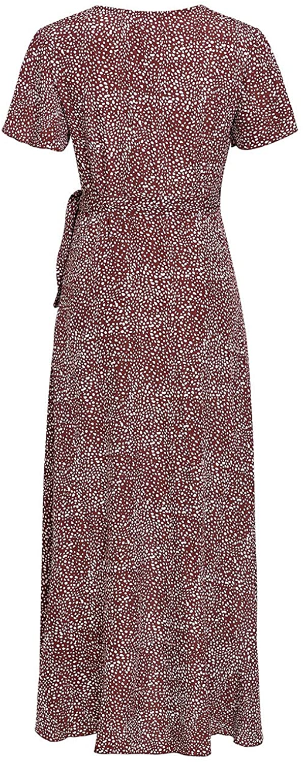 Miessial Women's Summer Chiffon V Neck Ruffle Maxi Dress Polka Dot Long Beach Wrap Dress