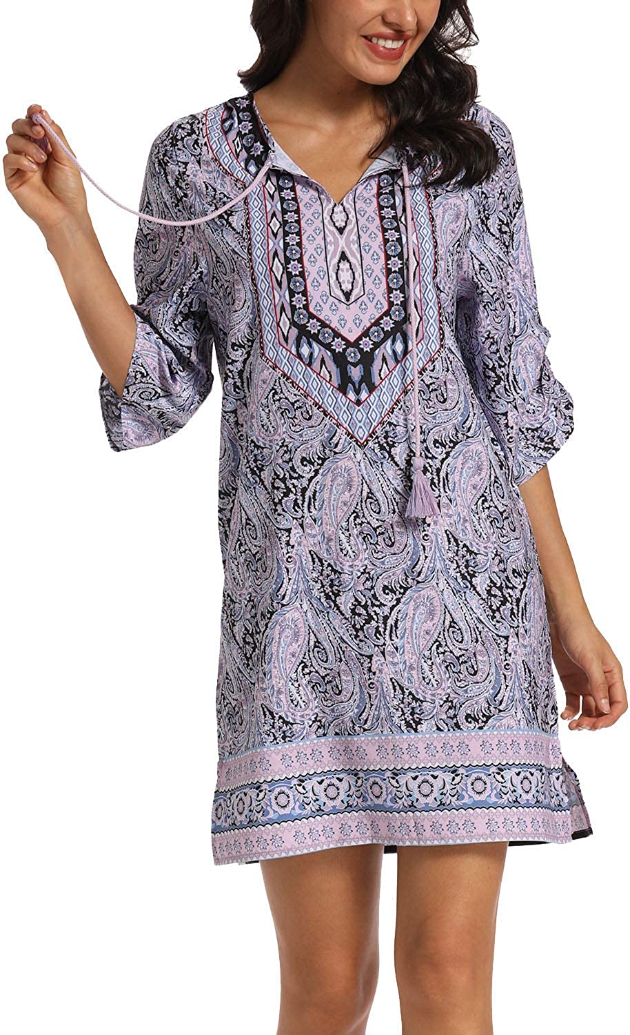 Women Bohemian Neck Tie Vintage Printed Ethnic Style Summer Shift Dress