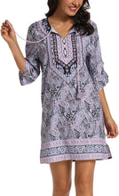 
                        
                          Load image into Gallery viewer, Women Bohemian Neck Tie Vintage Printed Ethnic Style Summer Shift Dress
                        
                      