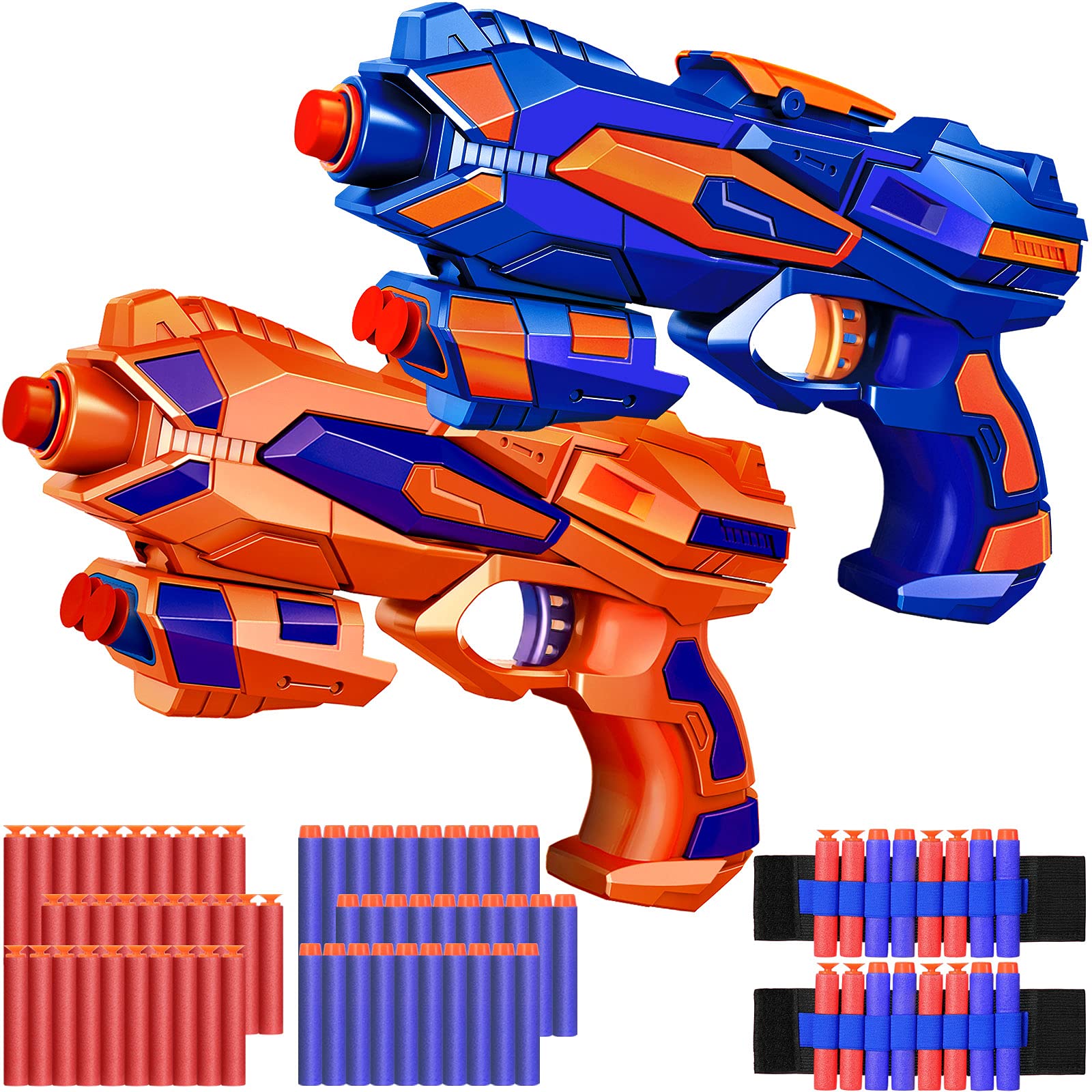 2 Pack Blaster Guns Toy 60 Bullets for Nerf & 2 Wristbands, Guns Toys for Kids Age 4-8 Birthday Gift for 5-7 Year Old Boys Girls Ideas Gifts for Boys Kids Age 6-10 Outdoor Games Toys for 9 yr Old Boy