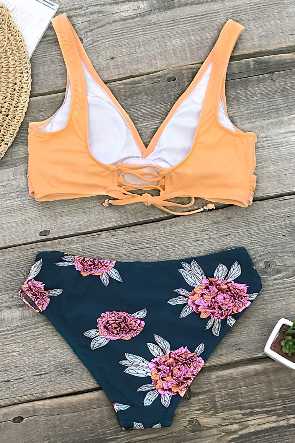 CUPSHE Women's Bikini Swimsuit Floral Print Lace Up Two Piece Bathing Suit