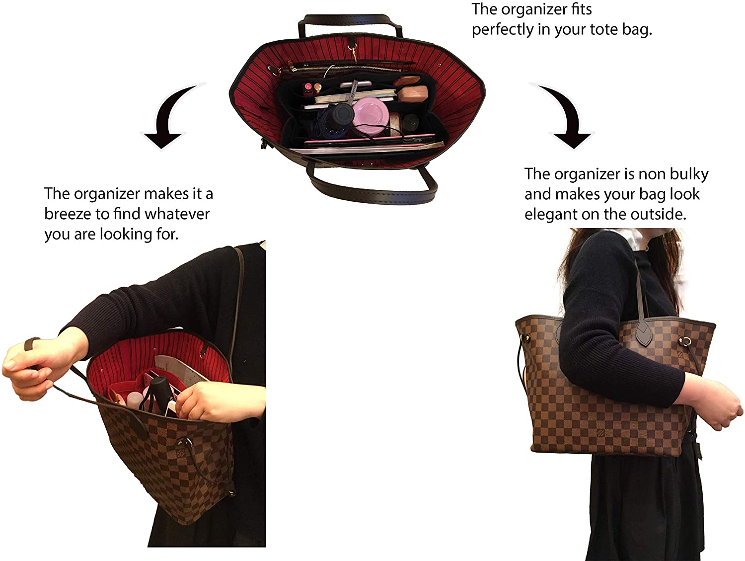 Felt Tote Bag Organizer Insert with Pockets, Handbag Purse Shaper, fits Neverfull, Speedy, Longchamp, etc.