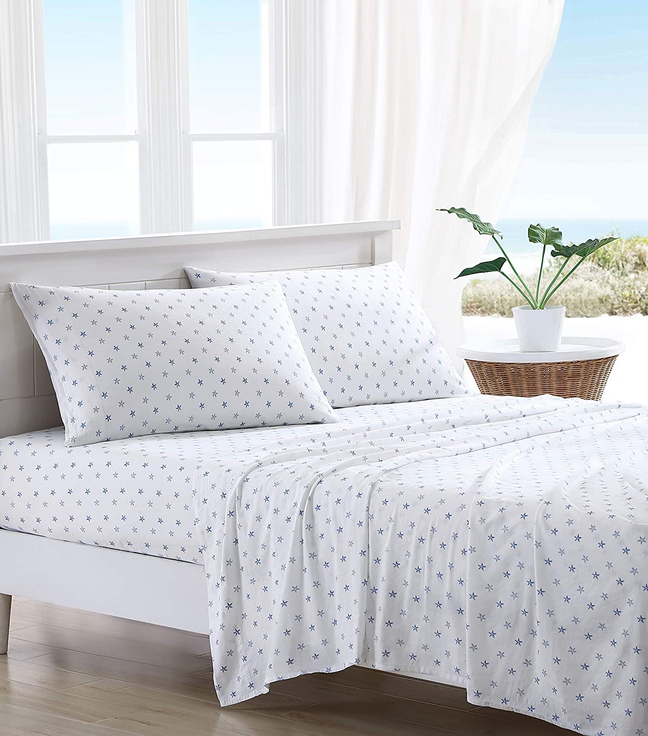 Tommy Bahama | Starfish Treasure Collection | Bed Sheet Set - Crisp & Cool 100% Washed Cotton Lightweight Bedding, Queen, Blue