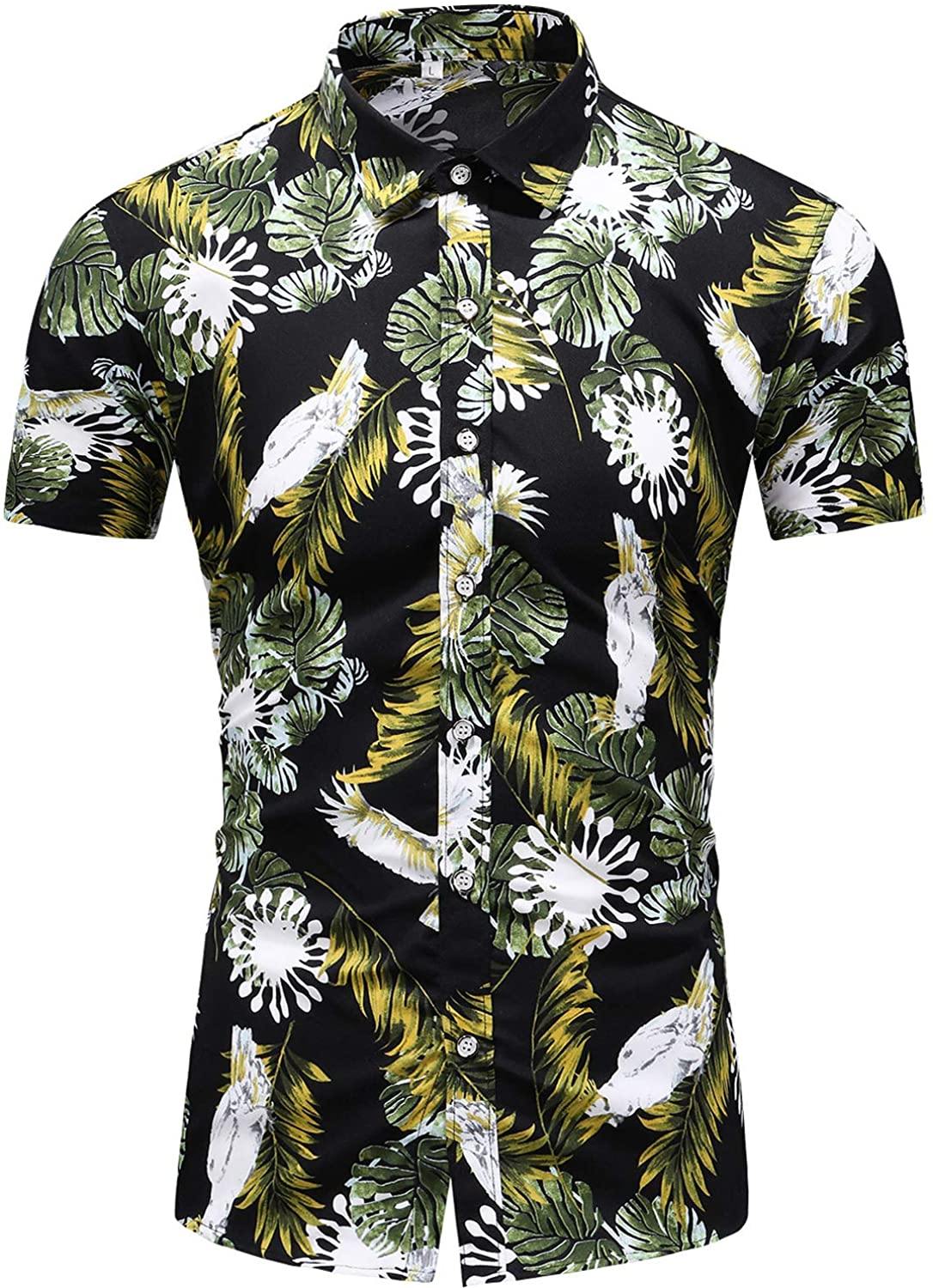 LEFTGU Men's Slim fit Floral Printed Beach Hawaiian Button-Down Dress Shirt