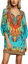 
                        
                          Load image into Gallery viewer, Women Bohemian Neck Tie Vintage Printed Ethnic Style Summer Shift Dress
                        
                      