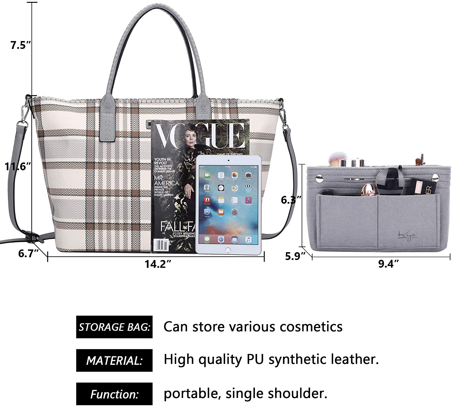 K.EYRE Women's Soft Faux Leather Tote Bag Purse Handbags Wallet Tote Shoulder Bag Purse Large Capacity