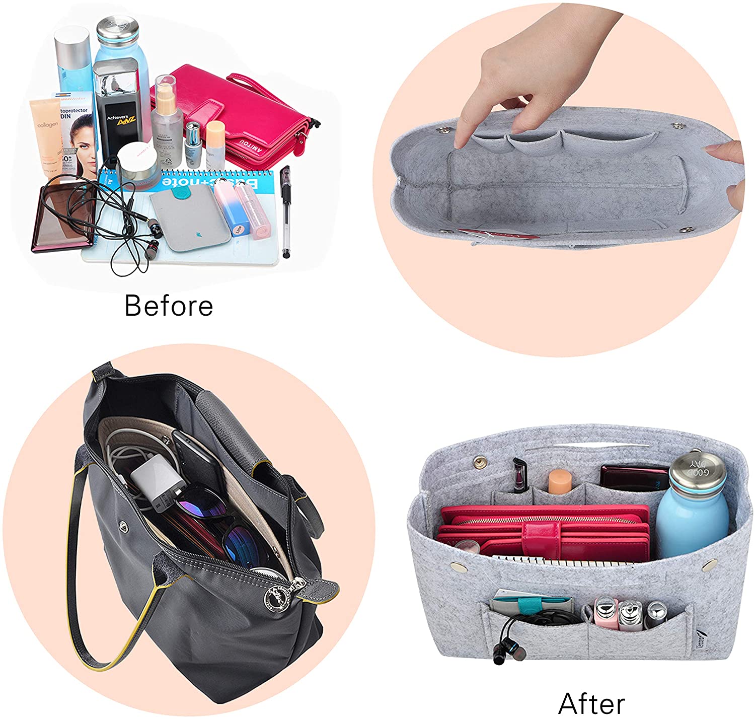 Vercord Felt Tote Handbag Purse Pocketbook Organizer Insert Divider Shaper Bag in Bag