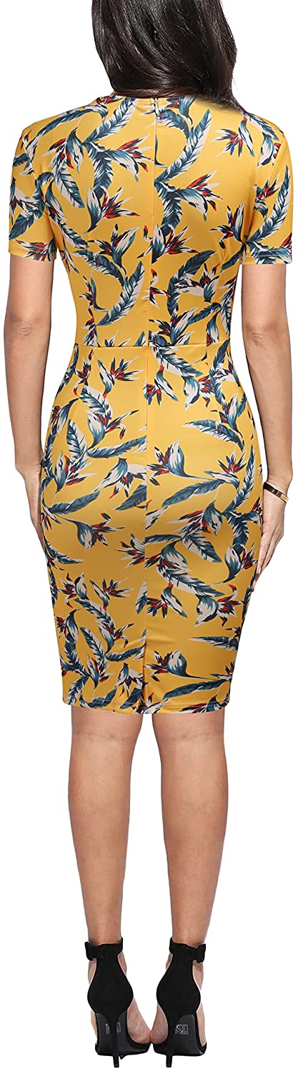 FORTRIC Women Printing Church Business Office Work Elegant Bodycon Pencil Dress