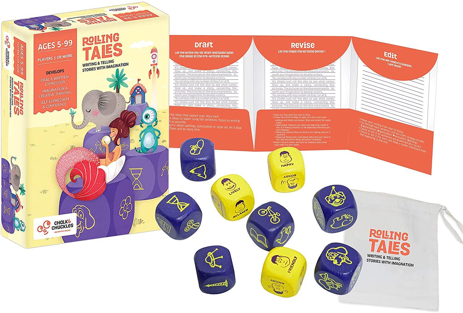 Chalk and Chuckles Rolling Tales, Story Telling Wooden Dice Cubes with Feelings & Objects Ages 5 to 99 Years Old Create Endless Stories - JOY2ESpree
