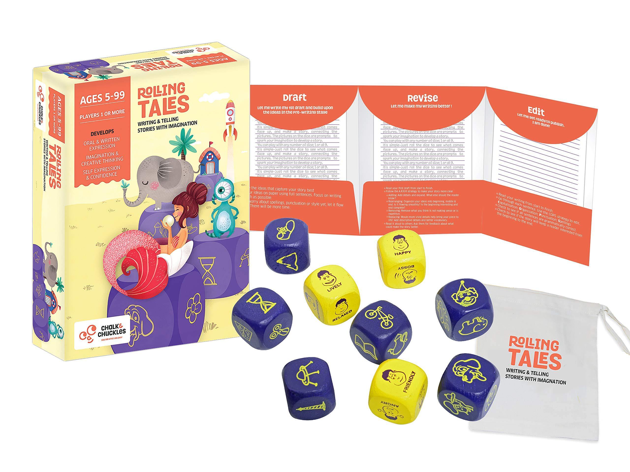 Chalk and Chuckles Rolling Tales, Story Telling Wooden Dice Cubes with Feelings & Objects Ages 5 to 99 Years Old Create Endless Stories - JOY2ESpree