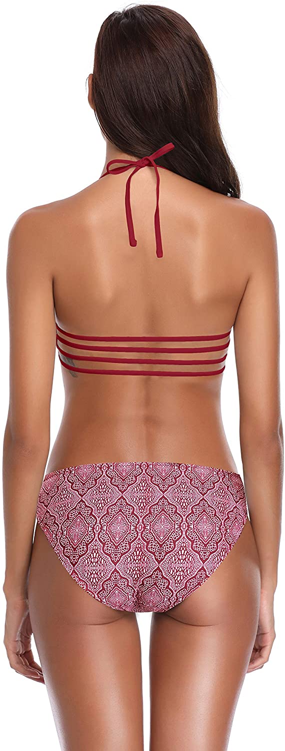 SHEKINI Women's Floral Printing Cutout Strappy Halter Swimsuits Bikini Suits