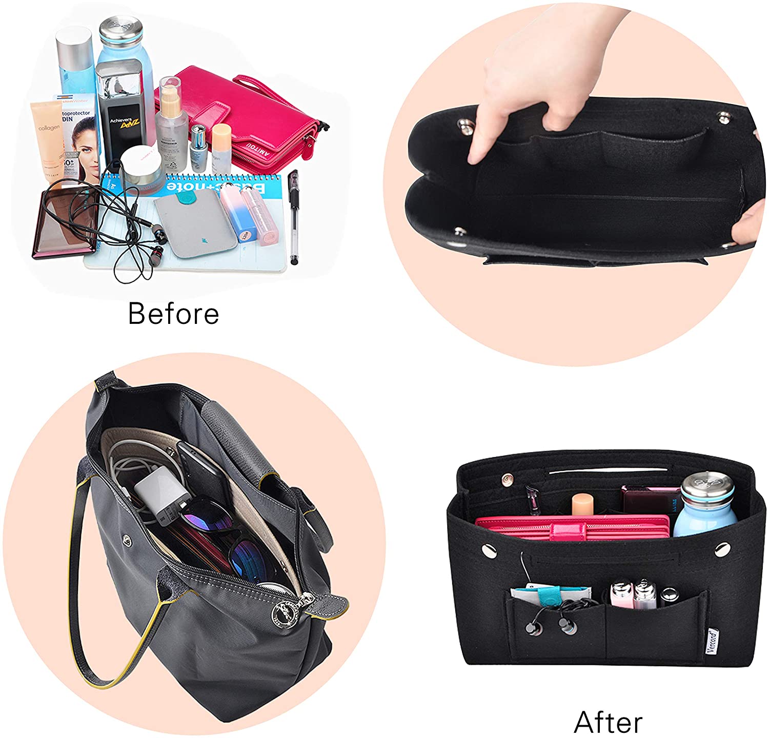 Vercord Felt Tote Handbag Purse Pocketbook Organizer Insert Divider Shaper Bag in Bag
