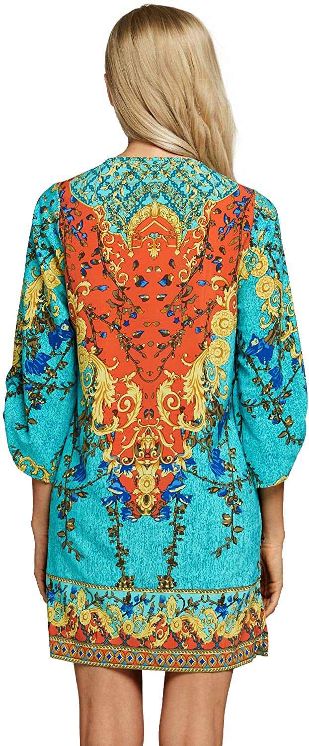 Women Bohemian Neck Tie Vintage Printed Ethnic Style Summer Shift Dress