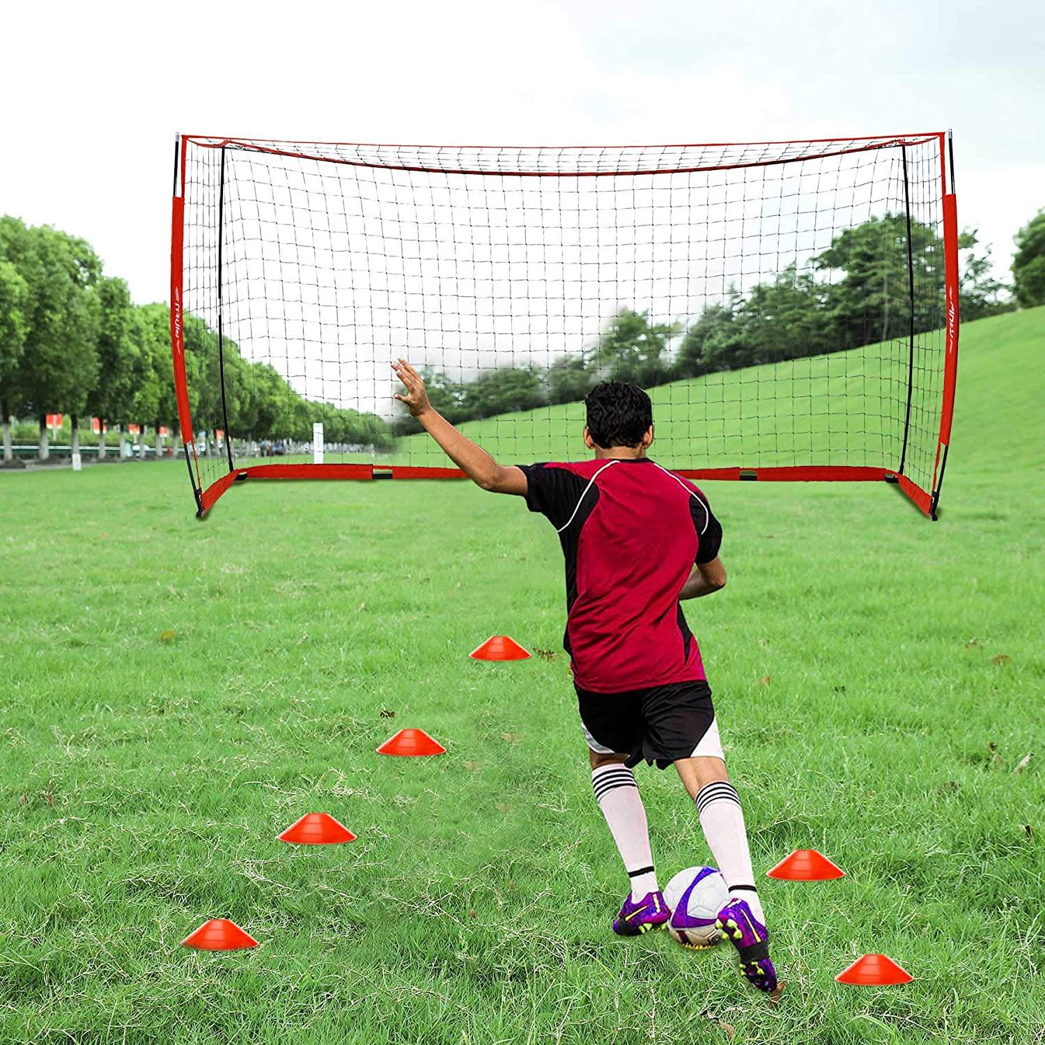 Pinty 12x6ft Soccer Goal, Knotless Kids' Soccer Net with 12pcs Soccer Cones Set in Multi Colors, Easy Setup Steel Poles and Portable Design - JOY2ESpree
