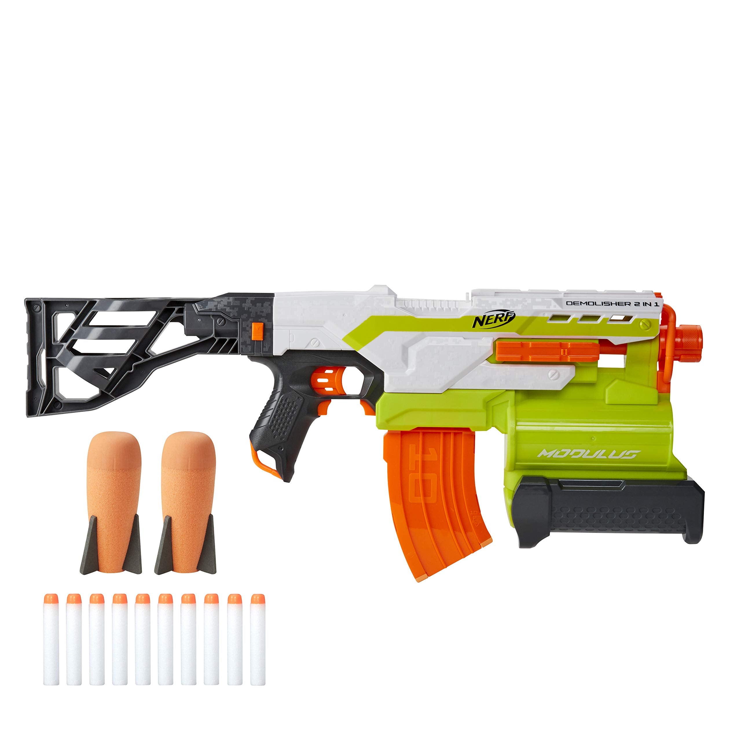 NERF Modulus Demolisher 2-in-1 Motorized Blaster, Fires Darts and Rockets, Includes 10 Elite Darts, Banana Clip, 2 Rockets, Stock (Amazon Exclusive)