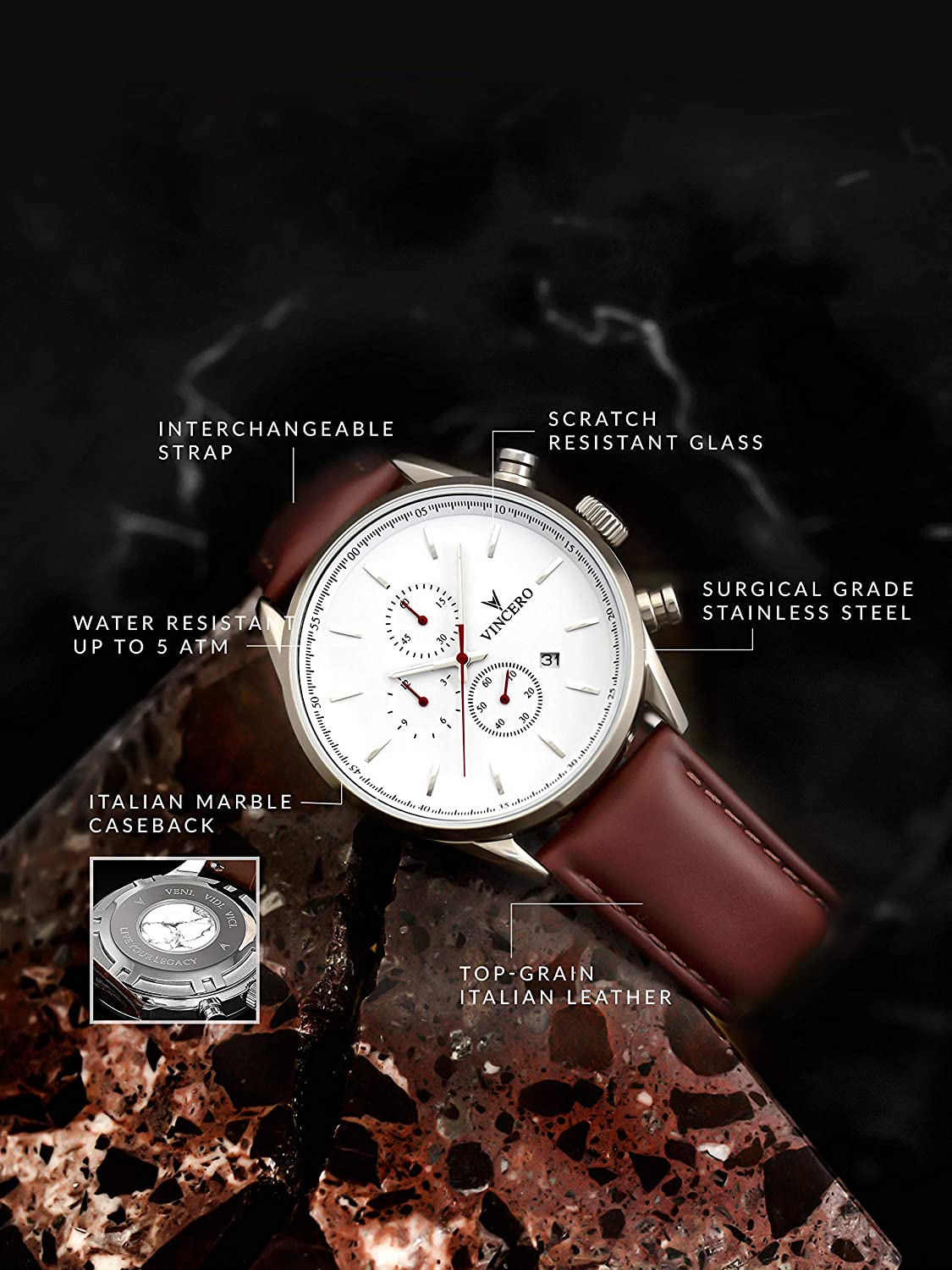 Vincero Luxury Men's Chrono S Wrist Watch - Top Grain Italian Leather Watch Band - 43mm Chronograph Watch - Japanese Quartz Movement…