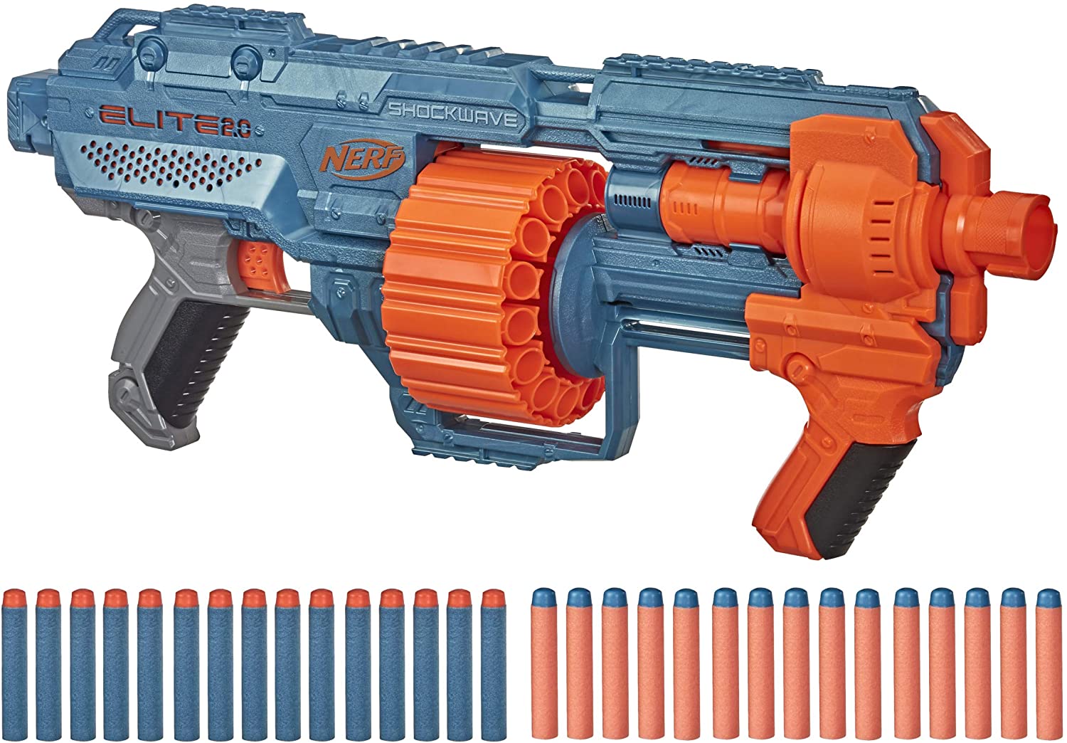 NERF Elite 2.0 Shockwave RD-15 Blaster, 30 Darts, 15-Dart Rotating Drum, Pump-Action Slam Fire, Built-in Customizing Capabilities