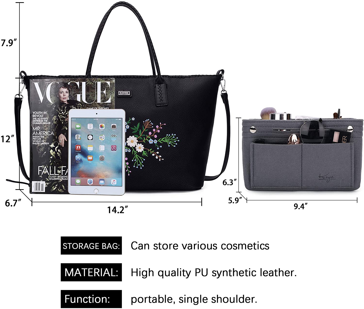 K.EYRE Women's Soft Faux Leather Tote Bag Purse Handbags Wallet Tote Shoulder Bag Purse Large Capacity