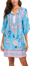 
                        
                          Load image into Gallery viewer, Women Bohemian Neck Tie Vintage Printed Ethnic Style Summer Shift Dress
                        
                      