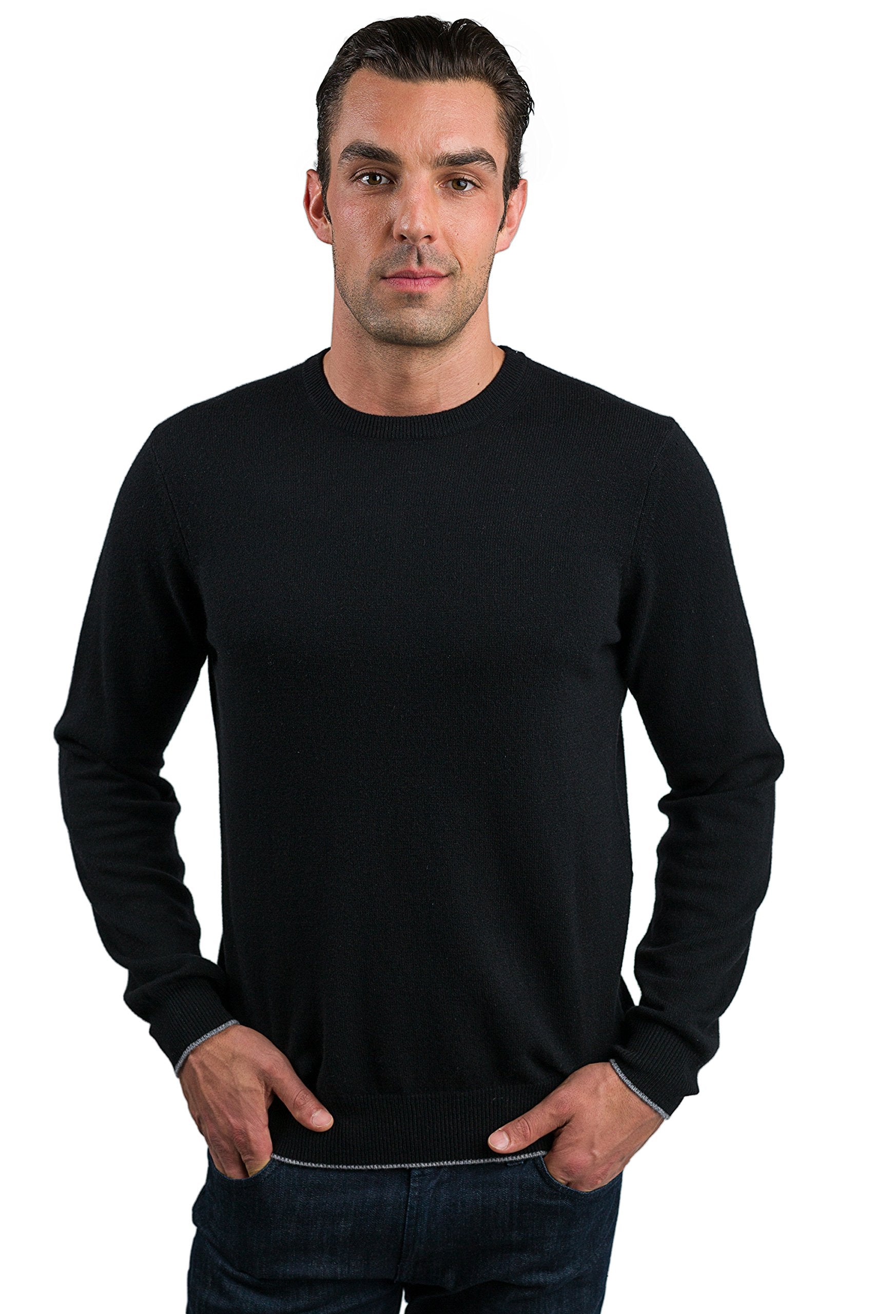 JENNIE LIU Men's 100% Cashmere Long Sleeve Crewneck Sweater (Medium, Black)