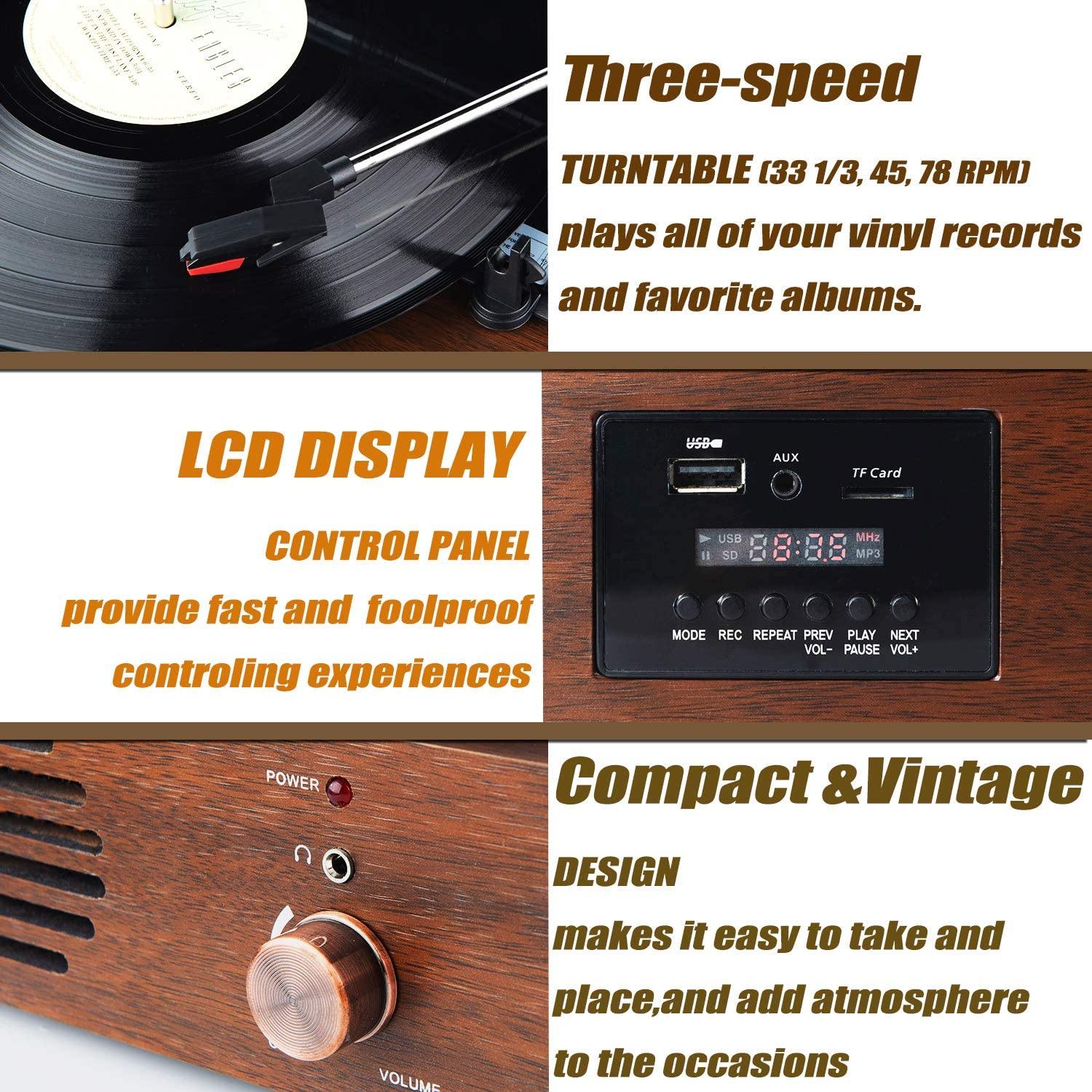Record Player-13 in 1 Turntable with Speakers Vinyl Recording LP Bluetooth USB TF Card FM Radio Aux Input RCA Line Out and Headphone Jack - JOY2ESpree