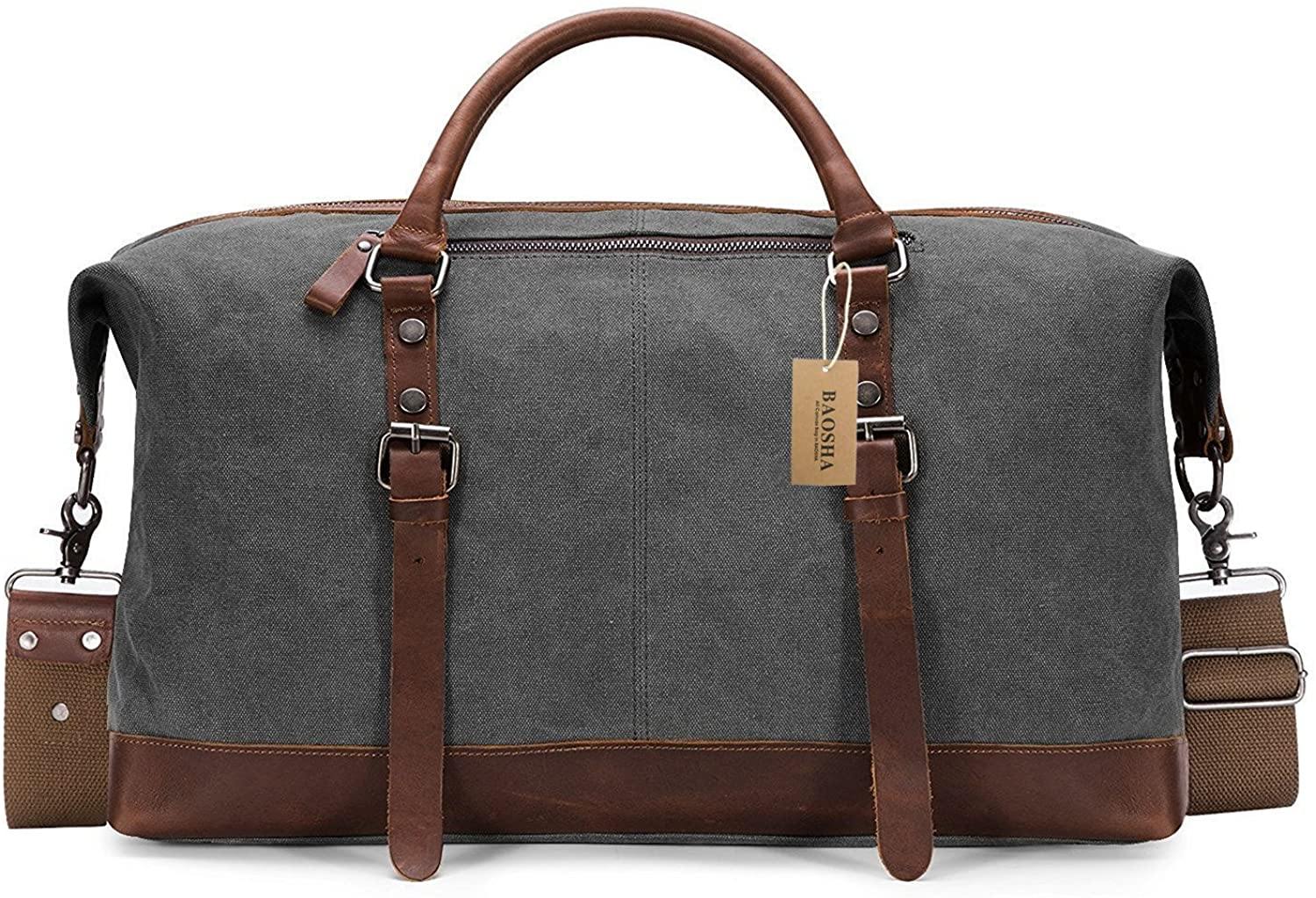 BAOSHA Canvas PU Leather Travel Tote Duffel Bag Carry on Bag Weekender Overnight Bag - JOY2ESpree