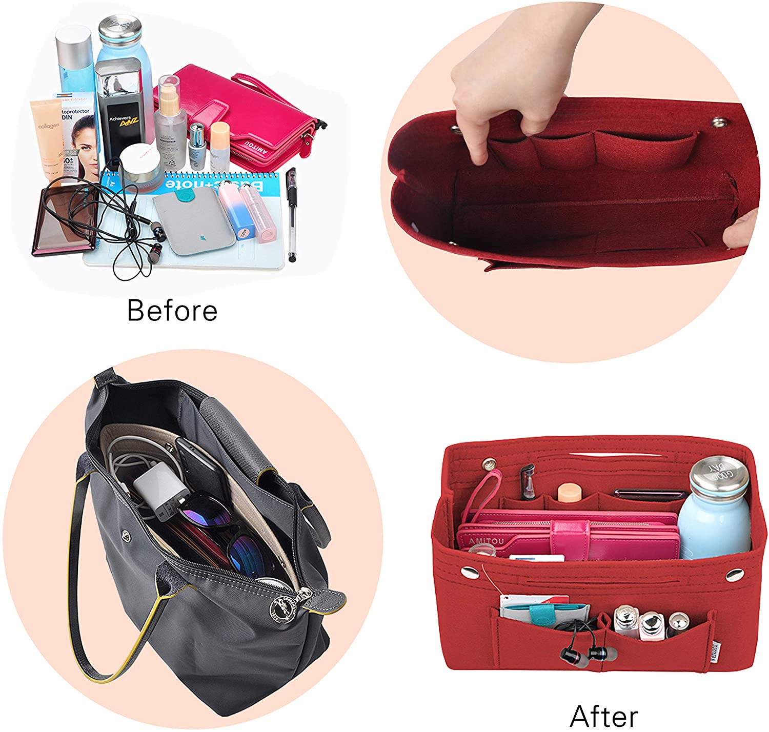 Vercord Felt Tote Handbag Purse Pocketbook Organizer Insert Divider Shaper Bag in Bag