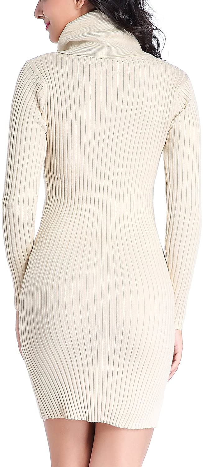 v28 Women Cowl Neck Knit Stretchable Elasticity Long Sleeve Slim Fit Sweater Dress