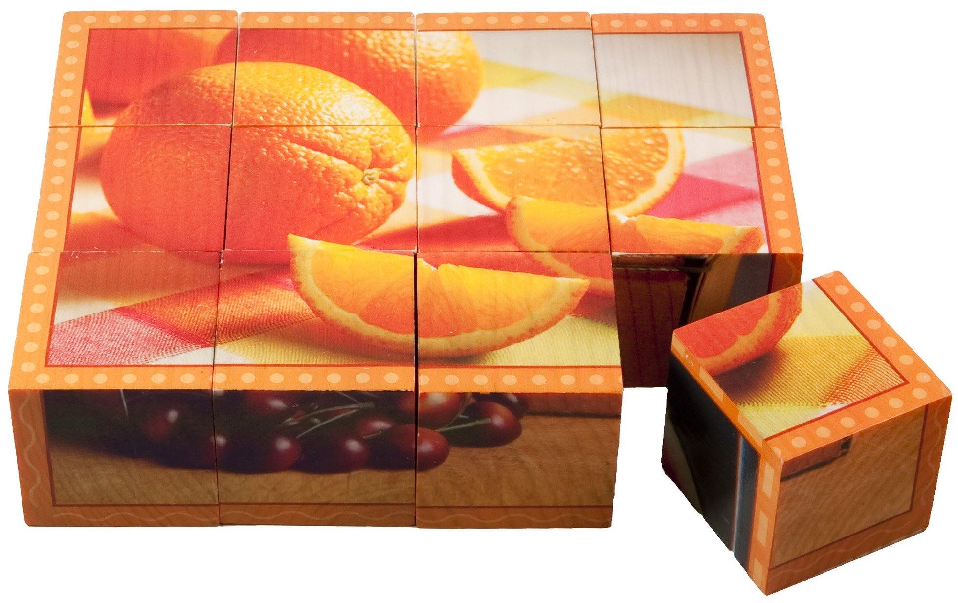 Stages Learning Real Picture Fruits Wooden Cube Language Builder Preschool Puzzle (12 Piece), Orange - JOY2ESpree