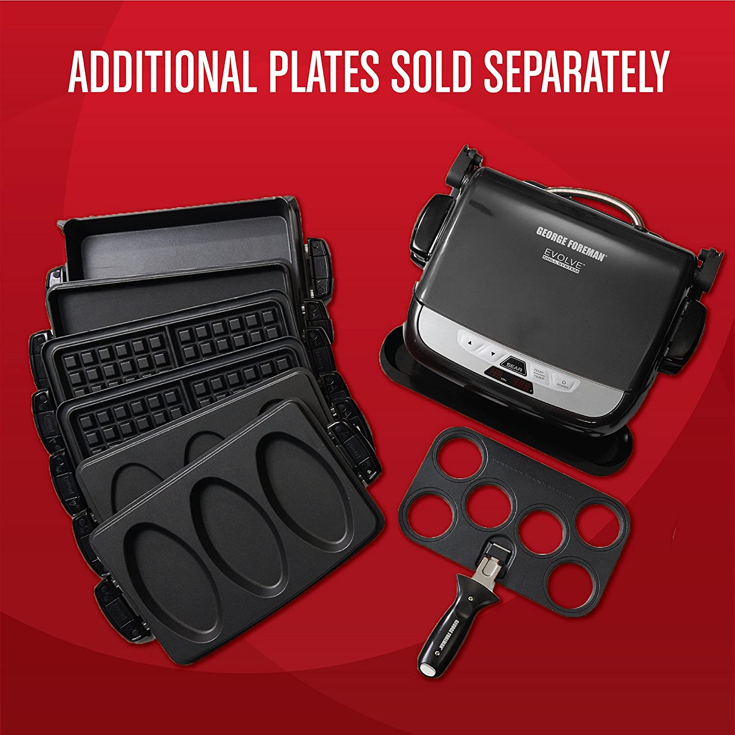 George Foreman GRP4842MB Multi-Plate Evolve Grill, (Ceramic Grilling Plates, and Waffle Plates Included), Black - JOY2ESpree