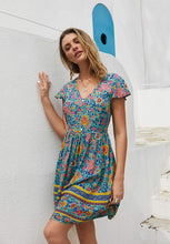
                        
                          將圖片載入圖庫檢視器 KIRUNDO Women’s  Summer Hot Short Sleeve V-Neck High Waist Floral Print Mini Sun Dress
                        
                      